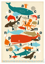 Afbeelding in Gallery-weergave laden, Stijlvol geïllustreerde ABC dierenposter in maritieme sfeer op A2-formaat. Bij iedere letter hoort een dier.