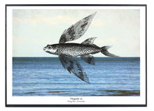 Afbeelding in Gallery-weergave laden, Een fantasierijke collage print op hout van de vliegende vis een vis die boven de zee vliegt.