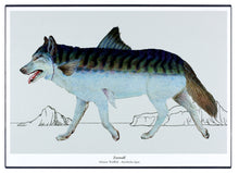 Afbeelding in Gallery-weergave laden, Een fantasierijke collage print op hout van de Zeewolf een wolf met schubben en vinnen.