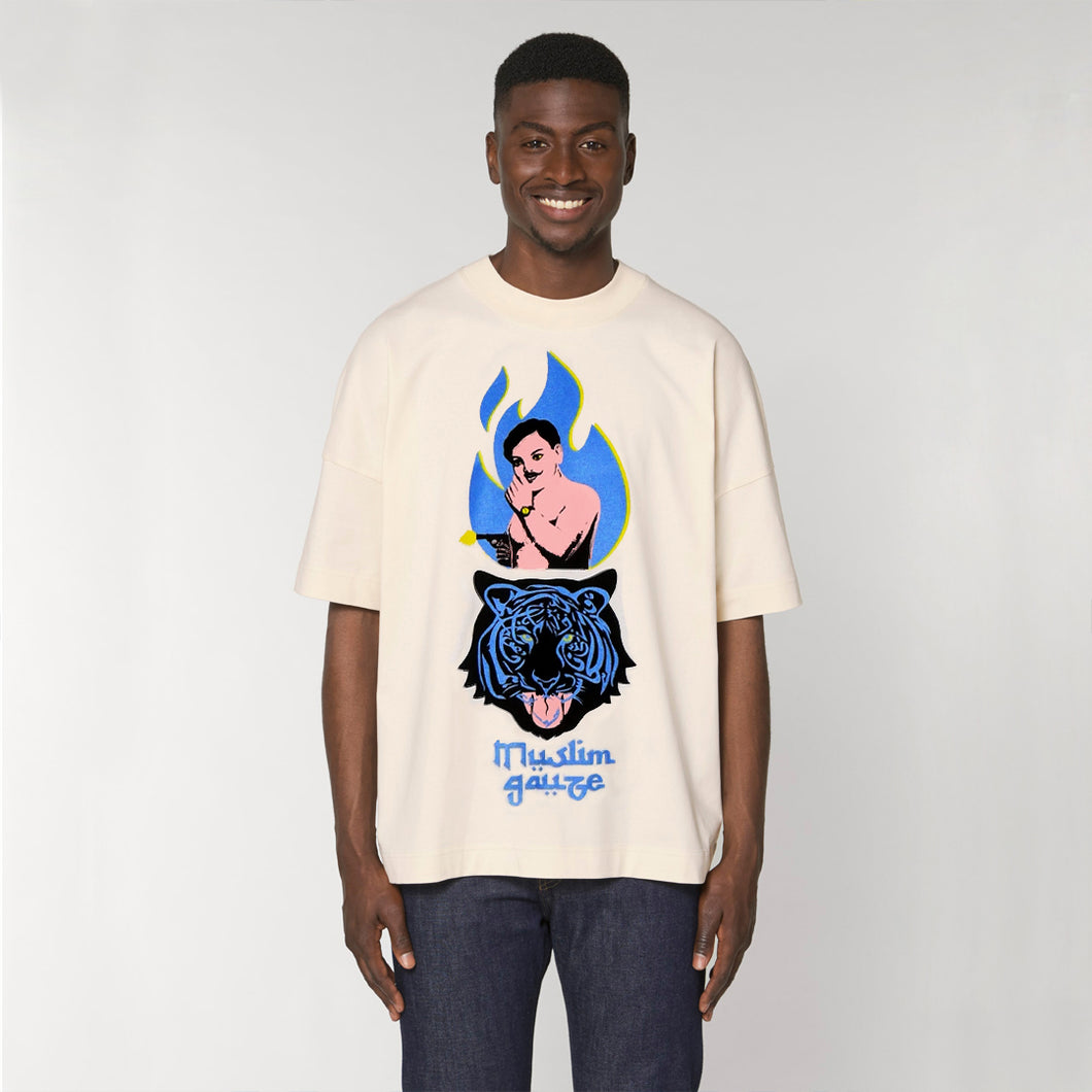Oversized T-shirt met tijger en indiase vrijheidsstrijder