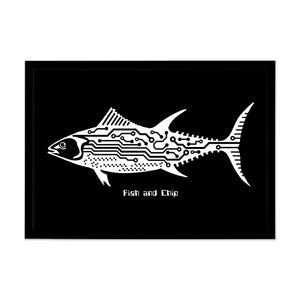 zwart wit print vis, x-ray of dwardoorsnede, chips aan de binnenkant 