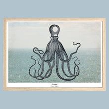 Afbeelding in Gallery-weergave laden, Kunstprint Octopus van De Beeldvink als originele wanddecoratie in houten lijst aan de muur.