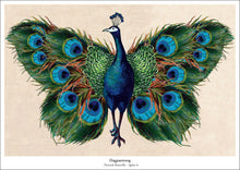 Afbeelding in Gallery-weergave laden, Fantasierijke collageprint Dagpauwoog van De Beeldvink, een pauw met vlindervleugels.