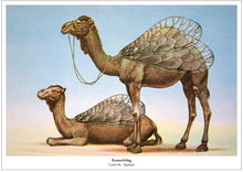 Afbeelding in Gallery-weergave laden, Fantasierijke collageprint Kameelvlieg van De Beeldvink, een kameel met vleugels.