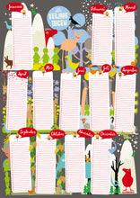 Afbeelding in Gallery-weergave laden, A2 verjaardagskalender poster van De Beeldvink met kleurrijke fantasiedieren, grappige dierencombinaties en illustraties van de vier seizoenen.